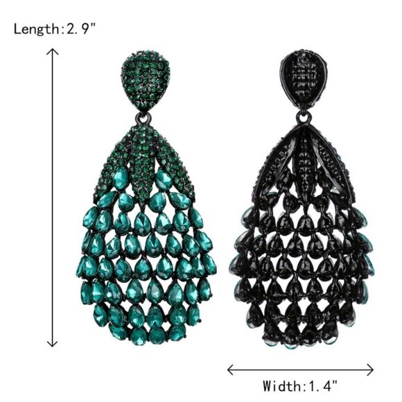 Carbon Black with Emerald Austrian Crystal Teardrop Chandelier Post Earrings - Picture 5 of 5